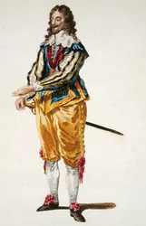 I. Károly (1600-49) szokása 1630-ban (színes metszet)