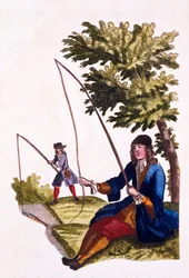 Egy úriember szokásai – horgászat, 1690 (kézzel színezett metszet)