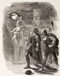 Hamlet, Horatio és Marcellus látja a szellemet, a The Illustrated Library Shakespeare-ből, 1890 Londonban