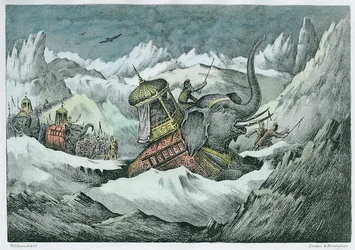 Hannibál (i. e. 247-kb. 183) és harci elefántjai átkelnek az Alpokon (későbbi színezés)
