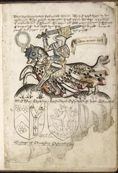 Harley 2169 f. 3 VI. Henrik lóháton, Címerek VI. Henrik idejében (vellum)