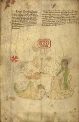 Harley 318, f.8v VI. Henrik, angol király és felesége, Anjou Margit, illusztráció a "Királyok története és genealógiája...Anglia" című könyvéből (vellum)