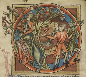 Harley 4751, f.6v Egyszarvú, akit egy szűz elcsábított, illusztráció a „bestiáriumból”