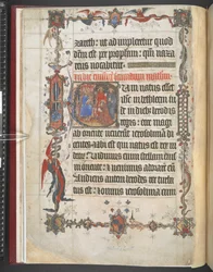 Harley MS 7026, f.7v, Adoration of the Magi historikus kezdőbetűje, "Lovell Lectionary", 1400-10 körül (vellum)