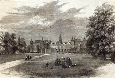 Hatfield House, Salisbury márki székhelye, a „The Illustrated London News”-ból, 1874. július 11. (metszet)