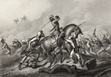 Havelockok oszlopának támadása a lázadók ellen Cawnpore előtt, az 1858-ban kiadott "Az indiai lázadás története" című könyvből.