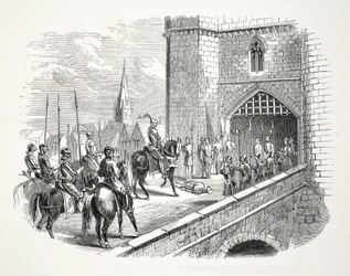 Henry Earl of Richmonds (majd Henry VII) bejárata Shrewsburybe a polgármesterek testülete, kocsma felett. 19. század (acélmetszet)