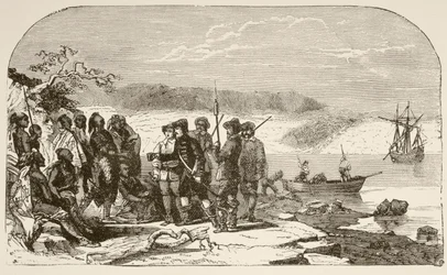 Henry Hudson italt kínál az indiánoknak 1609-ben (litho)
