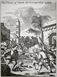 Henry Morgan elfoglalja és kifosztja Puerto de Principe városát, 1668-ban, John Esquemeling 1699-ben megjelent „Amerika buccaneersei” illusztrációja (metszet)