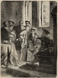 Henrik VIII. és tanácsa, amely elrendelte a Biblia angolra fordítását - 1538 -, Cassell Petter & Galpin „Anglia története” című metszete