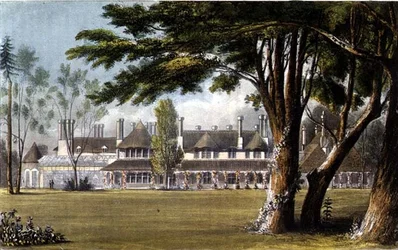 Őfelsége kunyhója, a Windsor Great Park, a gyepről nézve, R. Ackermann (1764-1834) „Művészetek tárházából”