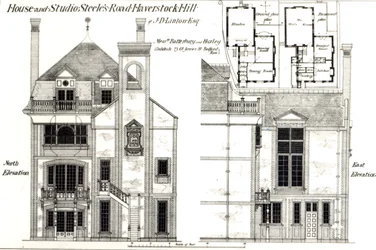 Ház és stúdió, Steeles Road, Haverstock Hill, a The Building Newsból, 1877. február 9.