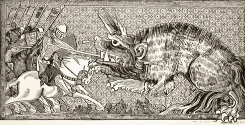 Hogyan harcolt Sándor a fenevaddal, egy 13. századi kézirat miniatűrje után, Paul Lacroix "Tudomány és irodalom a középkorban" című művéből, 1878.