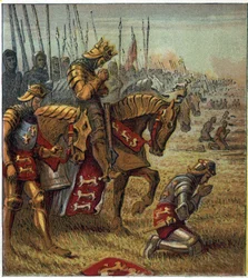 Százéves háború: „” Azincourt-i csata 1415.10.25-én””. V. Henrik király (1387-1422) imádkozott, mielőtt szembeszállt a francia csapatokkal. Az agincourti csata: Ötödik Henrik király a csata előtt a győzelemért imádkozik.