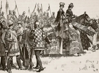 Interjú Becket és Henrik király között, a Cassells Illustrated History of England illusztrációja (szépia fotó)