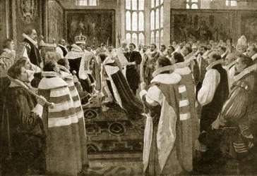 I. Jakab fiát, Károlyt walesi herceggé ruházza, 1616, illusztráció a Hutchinsons Story of the British Nationből, 1923 körül