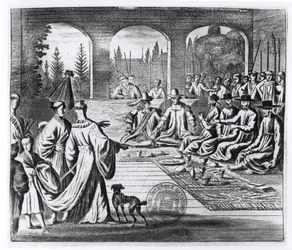 Jezsuiták holland és portugál kereskedőkkel a japán császár udvarában, illusztrációja Arnold Montanus emlékezetes követségéből a japán császárhoz, Londonban, 1670.