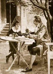 Johann Wolfgang von Goethe megtanítja fiát, Augustot, hogyan lőjön számszeríjjal