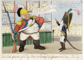 John Bull, aki őrzi a játékboltot, vagy Boney Crying for Some More Play Things, pub. szerző: S.W. Fores, 1803 (színes rézkarc)