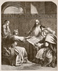 John nem hajlandó aláírni a Barons cikkeit, illusztráció a Cassells Illustrated History of Englandből (szépia fotó)