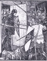 Lancelot kijön Guenevere szobájából, a Longmans Green and Co által kiadott „The Book of Romance” illusztrációja