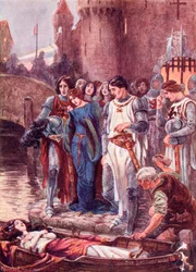 Lancelot a halott Lady of Shalottra néz, amikor Camelotba érkezik. Színes illusztráció az 1910-ben megjelent The Gateway to Tennyson című könyvből.