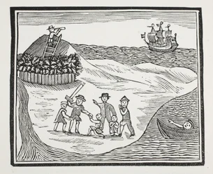 A Mutinous Crew partraszállása a szigeten, illusztráció a Chap-books of the Eighteenth Century-ből, John Ashton, pub. 1882