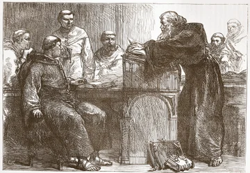 Lefevre előadása a Sorbonne-on, illusztráció: James Aitken Wylie (1808-1890) A protestantizmus története című könyvéből, pub. 1878