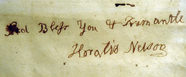 Lord Nelson admirális balkezes írása (toll és tinta papíron)