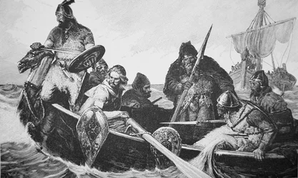 Leif Ericson felfedezi a jó Vinland partját, valószínűleg Newfoundland (metszet)