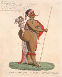 Szerelem és szépség - Sartjee, a hottentotta Vénusz, 1810 (kézzel színezett metszet)
