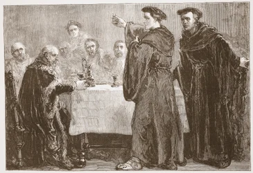 Luther kihívja Carlstadtot, hogy írjon ellene, illusztráció: James Aitken Wylie (1808-1890) A protestantizmus története című könyvéből, pub. 1878