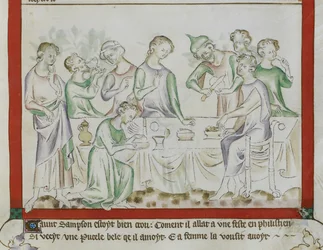 MS Royal 2 BVII, f.43 Sámson és Delila találkozása egy filiszteus ünnepen, részlet a „The Queen Mary Zsoltárból”