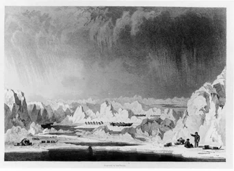Ember kezeli a csónakokat jégpúpokon keresztül, Illusztráció az Északi-sarkra tett kísérlet narratívájából, William Parry, vésette Edward Finden (1791-1857), megjelent 1828 (bw ph)