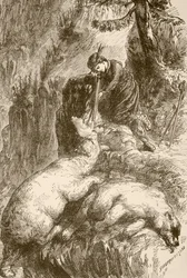 Marguerite de Roberval lelő két medvét az Új-Fundland melletti Démonszigeten (litho)
