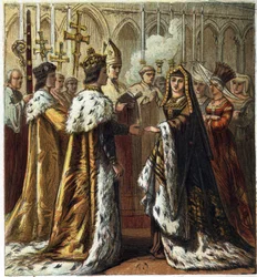VII. Henrik angol király (1457-1509) házassága York-i Erzsébettel (1466-1503) 1486. január 18-án. Hetedik Henrik és Yorki Erzsébet házassága. kromolitográfiát a George Routledge & Sons által kiadott „” Pictures of English History”-ban.1890. Privee
