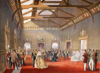 A menyasszony menetének rendezése az ideiglenes apartmanok központi csarnokában, VII. Edward és a dán Alexandra házasságának emlékműve, pub. 1864