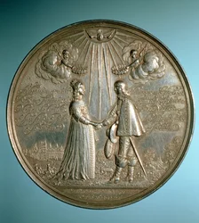 Mária hercegnő (1631-60) és II. Orániai Vilmos (1626-50) házasságának emlékére kitűzött érem, 1640