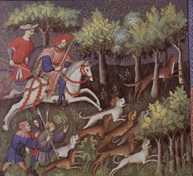 Rókára vadászó középkori arisztokraták (tempera papíron)