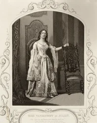 Miss Vandenhoff Júliaként, Rómeó és Júlia III. felvonása 1. jelenete, egy dagerrotípiából, kocsmából. szerző: John Tallis & Co.