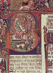Mms 9961-2 A Peterborough-i zsoltár historizált B kezdőbetűje, amely Dávid királyt ábrázolja hárfán játszik, angol (1310-20 körül)