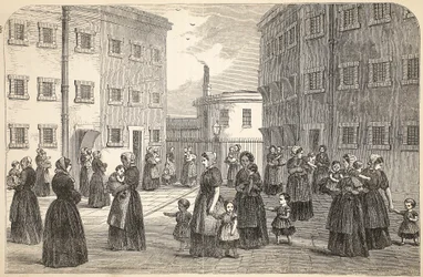 Anyák gyermekeikkel a Tothill Fields börtönben edzenek, illusztráció a londoni bűnügyi börtönökből és Henry Mayhew és John Binny jelenetek a börtönéletből, pub. 1862