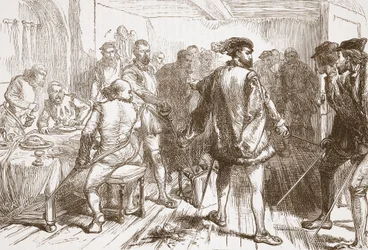 Mouchares banda megtámadja a protestánsokat a Faubourg St. Germain szállóban, illusztráció: James Aitken Wylie (1808-1890), kocsma: A protestantizmus története. 1878