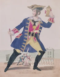 Mr. Cullen Kékbőr (Kékszakállú) szerepében, kocsma. 1810 (metszet és kollázs)