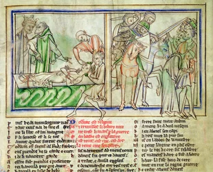 Ms.Ee.3.59 fol.6r Harald Harefoot felügyeli Alured kínzását és Anglia népének elnyomását, Hitvalló Szent Edward életéből, 1250-60 körül