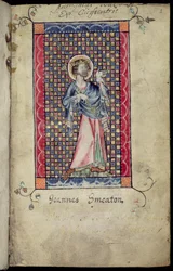 Ms 1-2005, f.1r: St. Edmund, miniatűr a Macclesfield Psalterből, Use of Sarum, East Anglia, 1330 körül