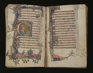 Ms 1-2005, ff.207v-208r: Ézsaiás imádkozik, történetírásos kezdőbetű a Macclesfield Psalterből, Sarum használata, East Anglia, 1330 körül