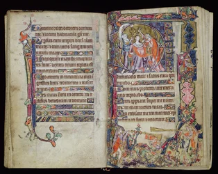 Ms 1-2005, ff.38v-39r: Dávid felkenése, történetileg D kezdőbetűje a Macclesfield Zsoltárból, Use of Sarum, East Anglia, 1330 körül