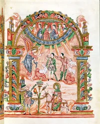Ms 274 (Y-6) fol.33 Az Angyali üdvözlet a pásztoroknak és az Egyiptomba való menekülés, Jumieges Róbert Misekönyvéből, 1016 körül