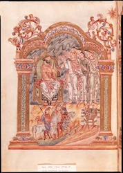 Ms 274 (Y-6) fol.36v A mágusok meglátogatják Heródes királyt, Jumieges Róbert misekönyvéből, 1016 körül